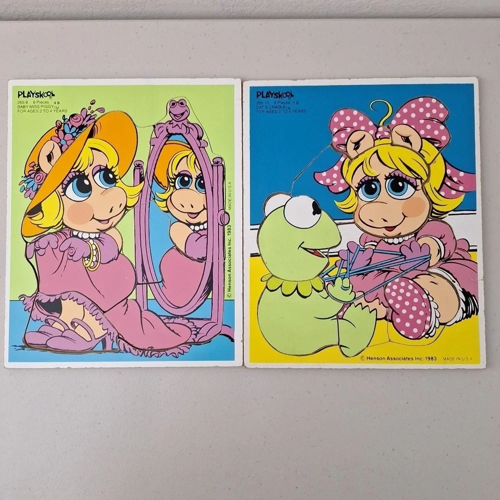 2x VINTAGE 1983 Jim Henson Muppet Babies BABY KERMIT PLAYSKOOL WOODEN PUZZLE